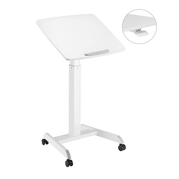 שולחן למחשב נייד סטנד אישי למחשב נייד ישיבה עמידה כולל כיוון לגובה עם ידית משוט ושולחן ניתן להטיה לומי Lumi FWS07-5 White Height Adjustable Mobile Workstation with Paddle Lever and Tiltable Desktop